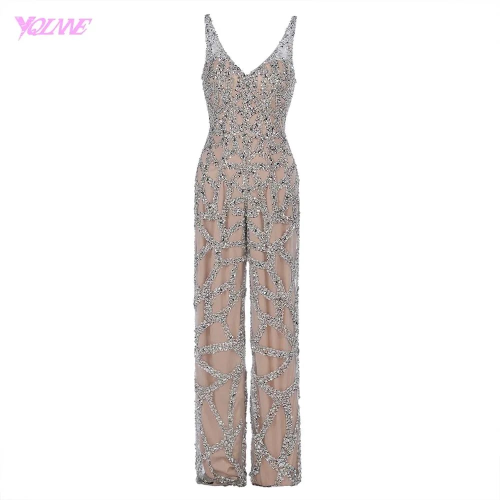 Sexy Silver Nude Crystals Jumpsuit Evening Dress Long Sleeveless V-Neck Evening Gowns