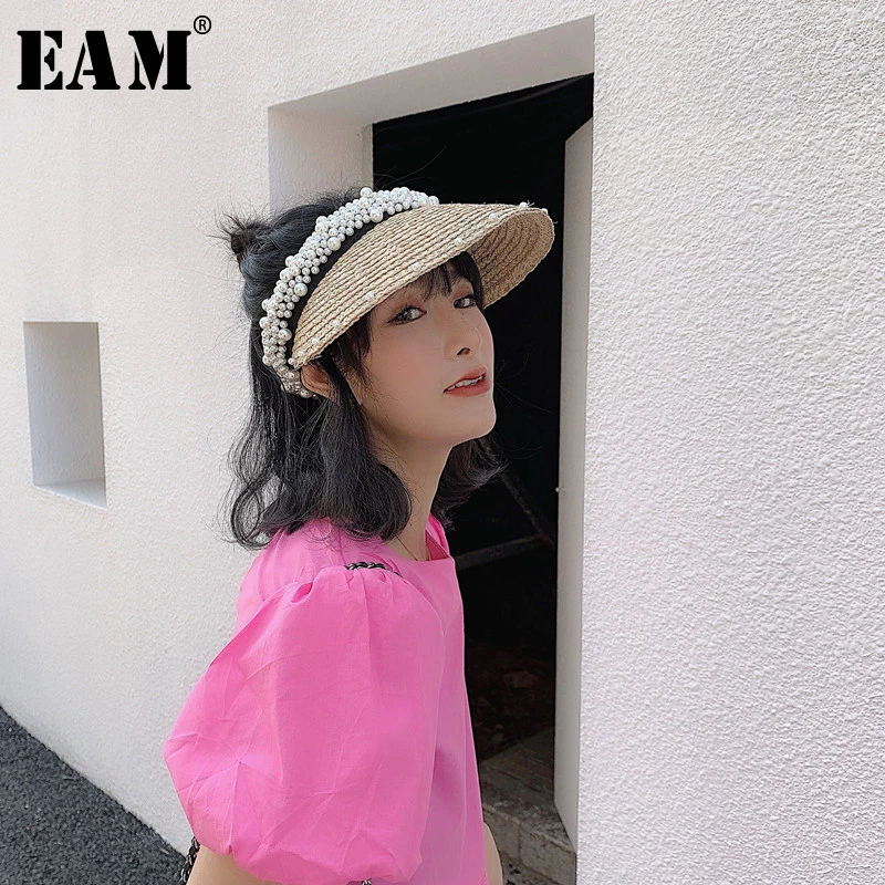

[EAM] 2019 New Spring Summer Round Dome Temperament straw Split Joint Pearl Fishermen Hat Women Fashion Tide All-match JU5520