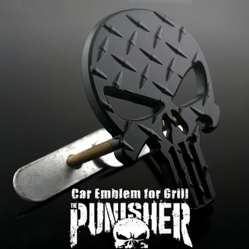 Car Head Decoration Black Punisher Skull Car Badge Emblem Diamond Plate for Auto Front Grille Coming of Age Ceremony Gift