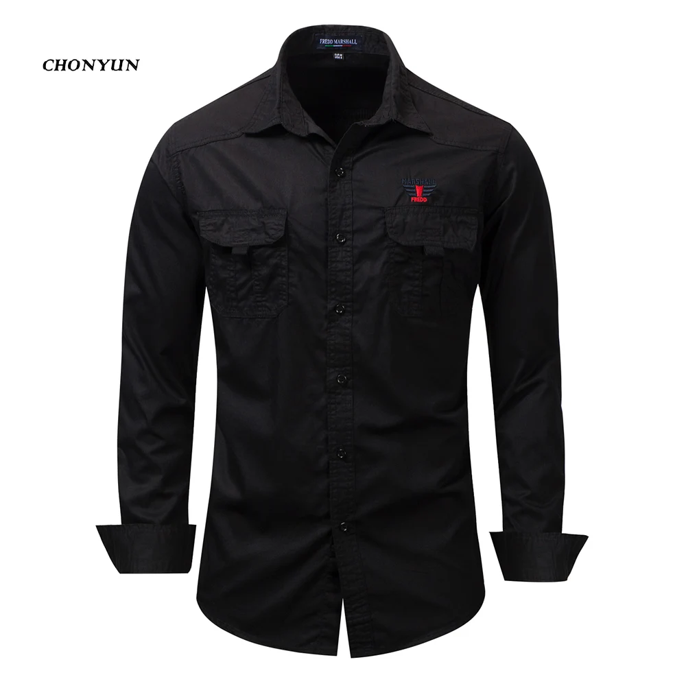 Новинка, мужская приталенная рубашка, мужская деловая рубашка с длинным рукавом, армейская Повседневная рубашка с отложным воротником, Homme, Размер 3XL - Цвет: Black116