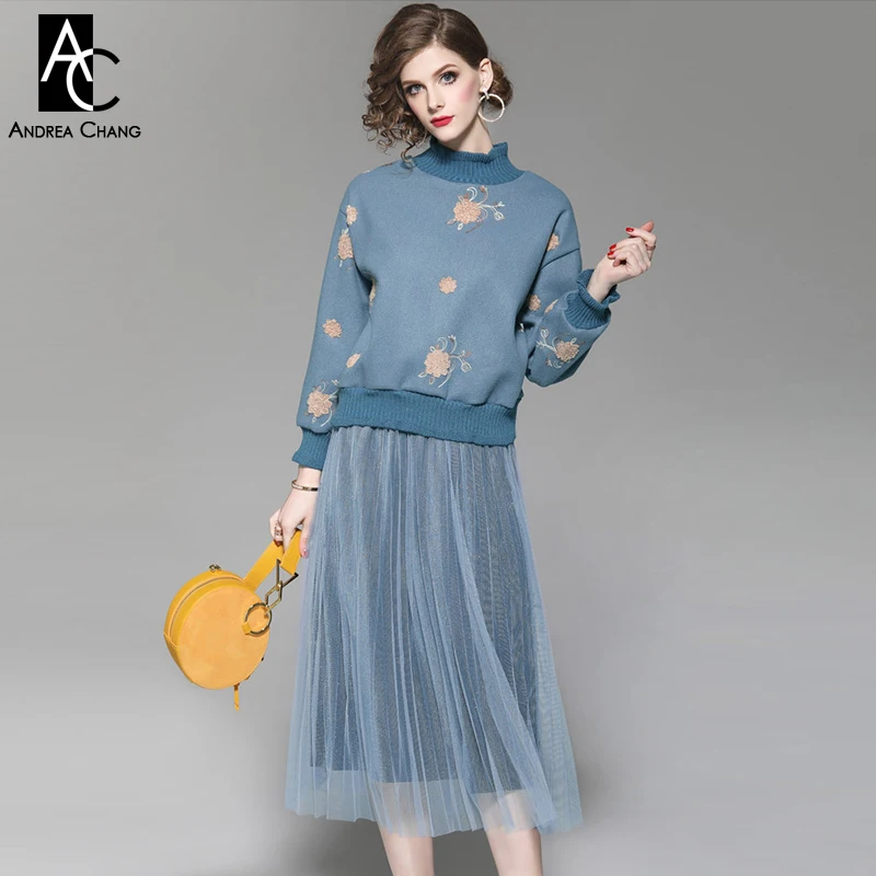 

autumn winter woman clothing set khaki flower pattern embroidery blue blouse + calf length gauze skirt fashion casual suit set
