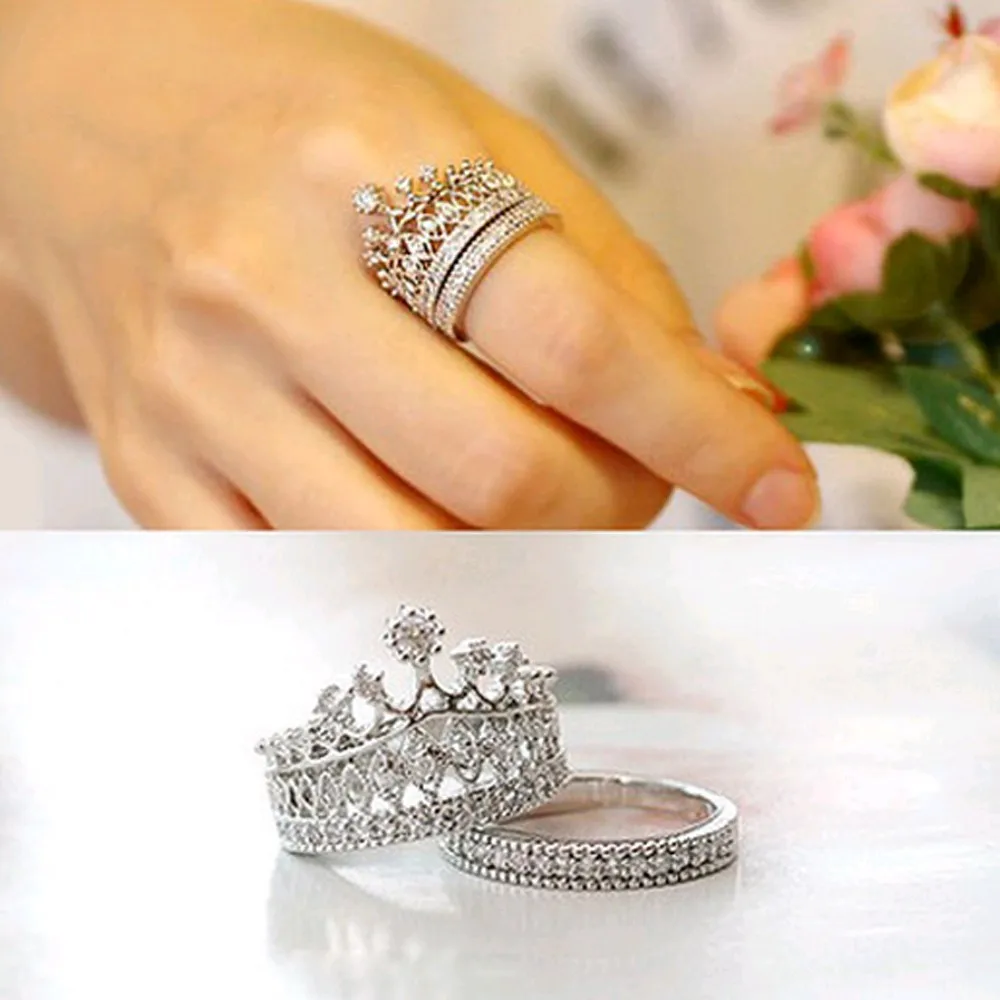 2016 New fashion accessories jewelry Top quality crystal Imperial crown finger ring set for women girl