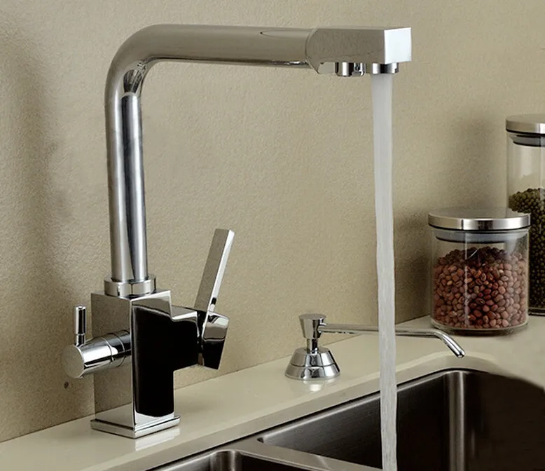 100 brass chrome polished hot and cold water purifier tap 3 Way kitchen sink mixer faucet