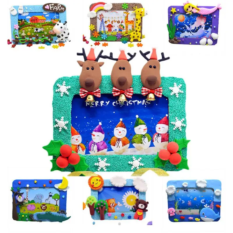 

Children's Puzzle DIY Intellectual Development Snowflake Mud Green Wooden Light Clay Handmade Photo Frame Kit Christmas Gift