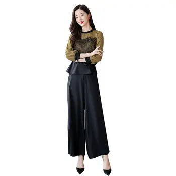 

2019 Spring Autumn Women Pullover Lace Patchwork Slim Shirts+Elastic Waist Solid Loose Wide Leg Pants Sets Lady Casual Suit Y123