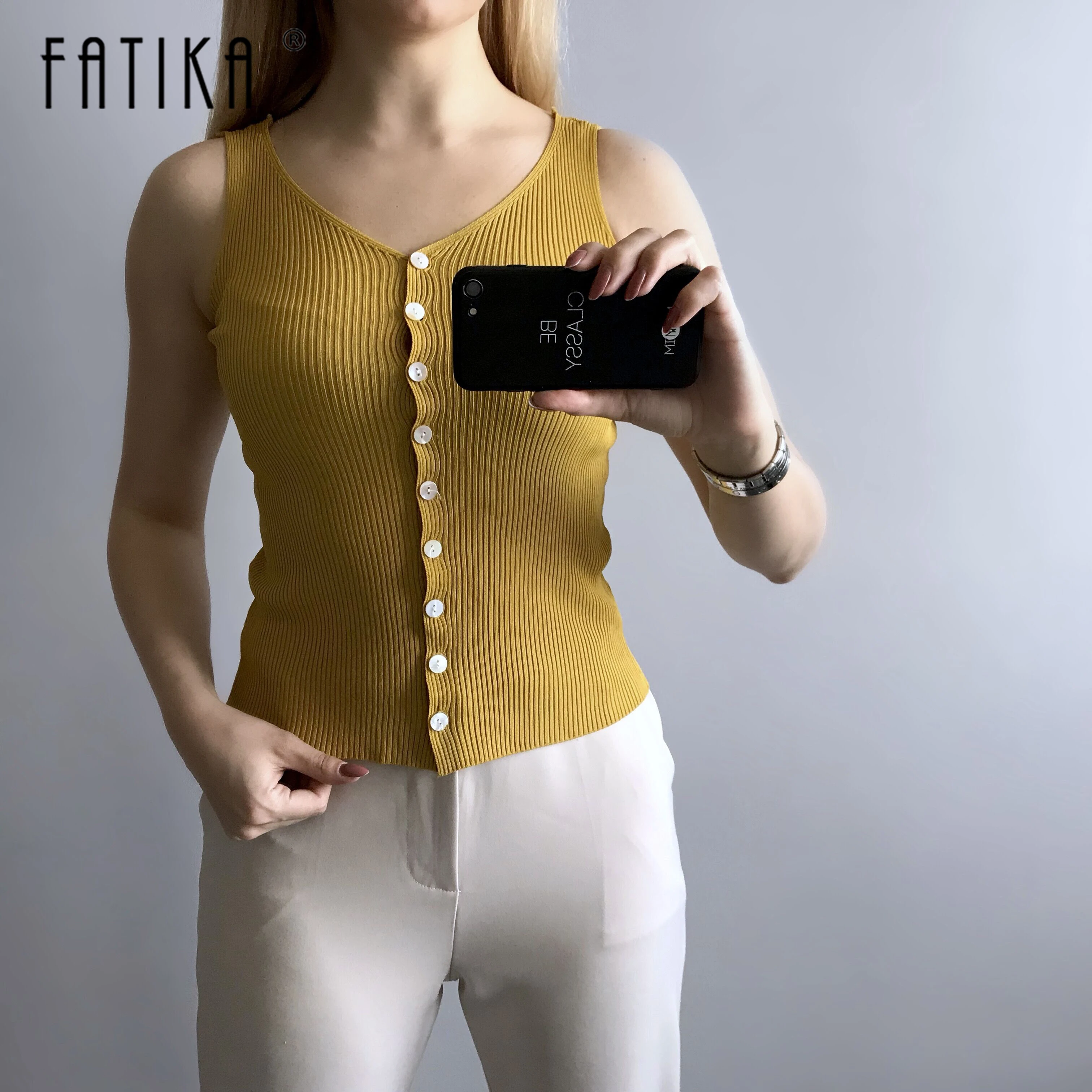 

Fatika Women 2019 Summer V Neck Knitted Solid Button Tank Tops Women's Tops Vest Female Sleeveless Womens Clothing