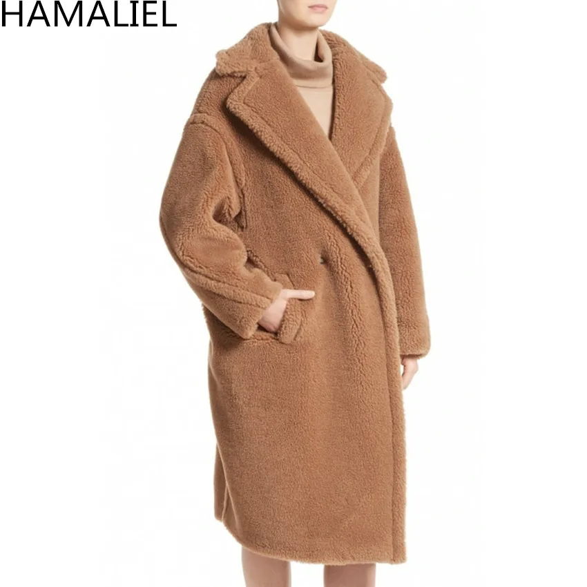 HAMALIEL Runway Winter Women Warm Long Outwerwear 2018 Faux Lambswool Long Sleeve Lapel Collar Loose Thick Female Woollen Coat