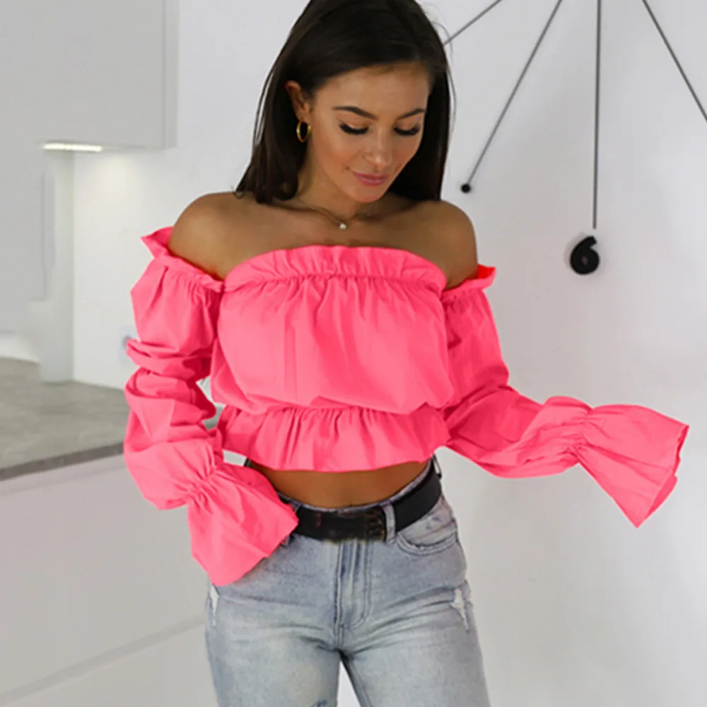 

Women Solid Long Lantern Sleeve Cold Shoulder Sexy Party Short Top Shirt Blouse