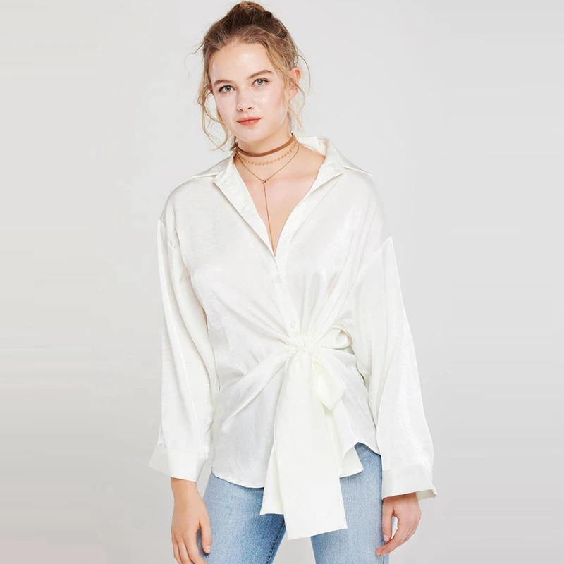 White long sleeve turn down collar drop shoulder tied knot shirts women