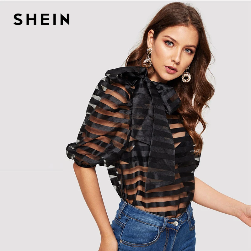 SHEIN Прозрачный Топ В Полоску Без Бюстгальтера Женские Осенние Сексуальные Блузки