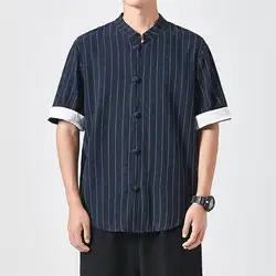 Мужская Летняя Повседневная хлопковая льняная винтажная полосатая блуза с короткими рукавами и принтом для мужчин Harajuku, Лидер продаж, топ