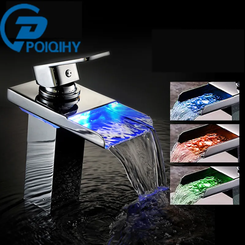 

POIQIHHY Led Chrome Bathroom Basin Faucet Deck Mounted Waterfall Faucet Mixer Tap Single Handle Single Hole Led Spout Sink Tap