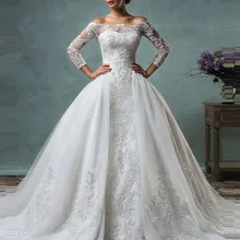 Alice Noiva винтажные Свадебные платья с прозрачными длинными рукавами со съемным шлейфом, аппликации из кружева и тюля, Индивидуальные свадебные платья