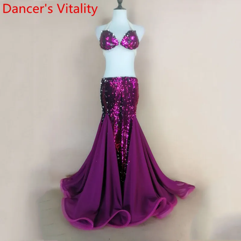 

Women Belly Dance Practice Sequin Bra Fishtail Skirt Oriental Indian Dance Wear Performance Purple Green 2 Colors Garments