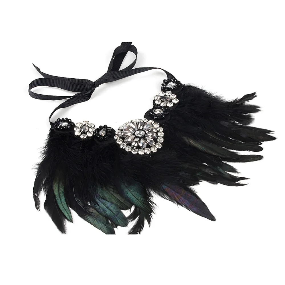 Роскошный дизайн, очаровательное ювелирное изделие, преувеличенное ожерелье с черным пером, ожерелье с кристаллом, подвеска, массивные модные ожерелья-чокеры, ожерелье s