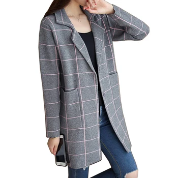 

2018 Autumn Winter New Women Long Section Plaid Print Knitted Cardigan Coat Wild Sweater Coat Female Autumn Jakcets LJ0559