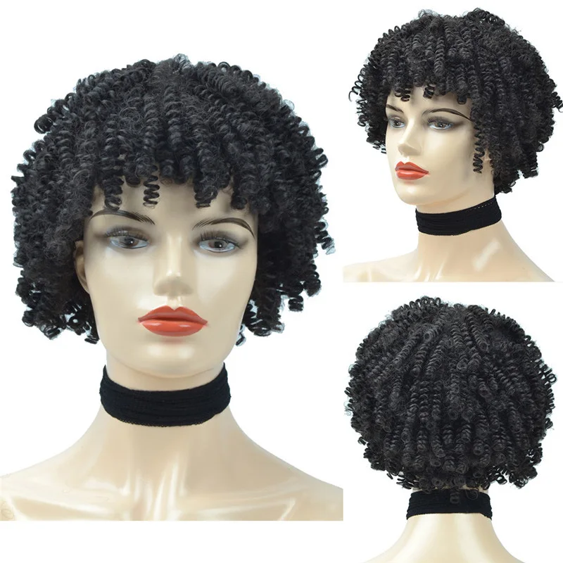Афро кудрявые парики для женщин короткий синтетический парик с челкой Омбре коричневые парики африканские черные парики термостойкий косплей парик - Цвет: Black