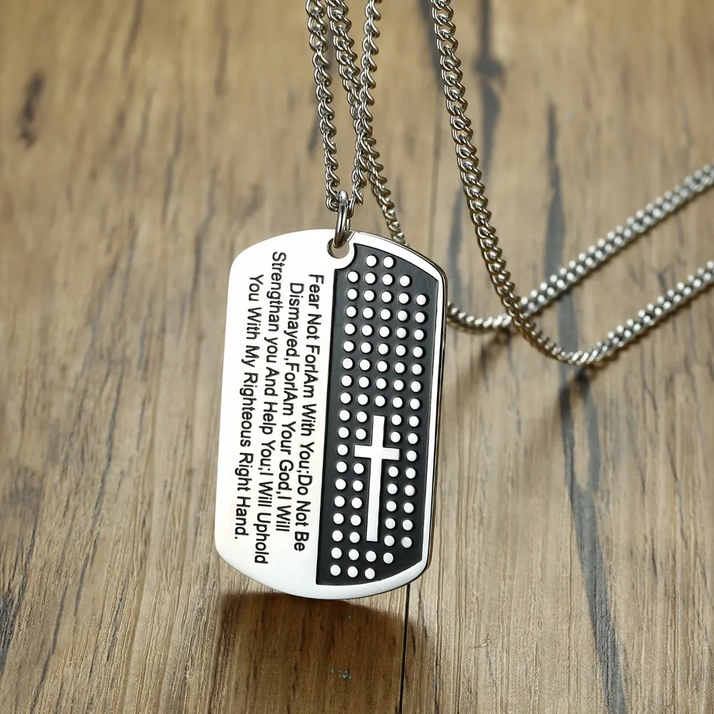 Men's Bible Verse with Carved Cross Dog Tag Pendant Necklace for Men