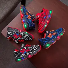 Детская обувь со светящимися вставками «Человек-паук» для мальчиков и девочек; светильник; Детские светящиеся кроссовки; спортивная обувь с сеткой для мальчиков и девочек; светодиодный светильник