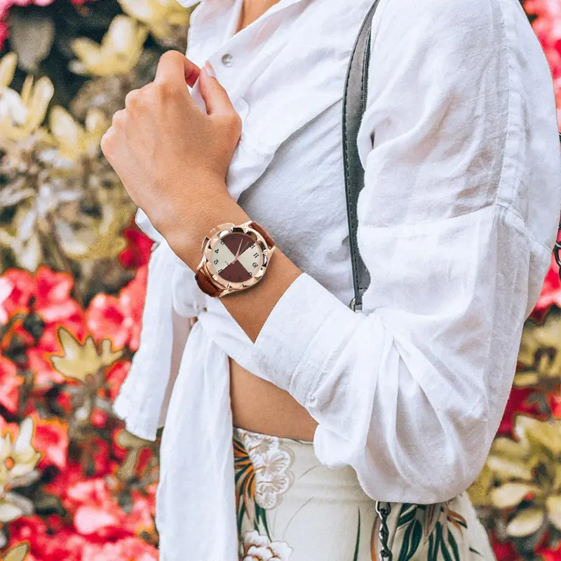 

Ladies Watch New Casual Fashion Plaid Flower Dial Quartz Watch Leather Wristwatch Simple Designer Women Clock Bayan Kol Saati