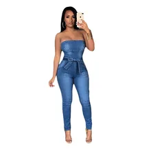 Denim Long Jumpsuit Women Casual Tight High Waist Stretch Bandage Bodysuit Plus Size Off Shoulder Jumpsuit Womens Playsuits grey casual velvet off shoulder drawstring waist jumpsuit