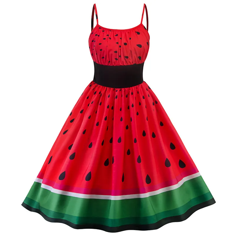 Kostlich Sexy Spaghetti Straps Backless Casual Dresses Summer Vintage Dress Women Watermelon Printed Ball Gown 1950s Retro Dress (2)