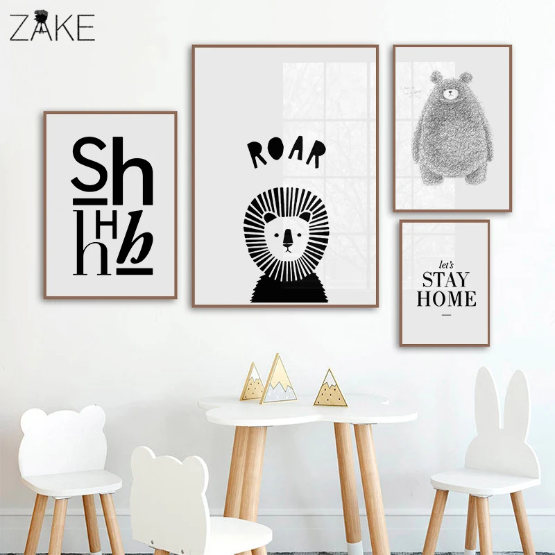 

Black White Cartoon Bear Lion Quote Canvas Posters Inspirational Minimalist Print Wall Art Painting Nordic Decoration Pictures
