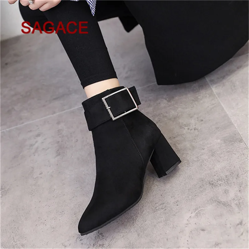 

HB@2018 SAGACE Fashion Women Suede Boots High Heel Buckle Strap Boots Casual Shoes Boots