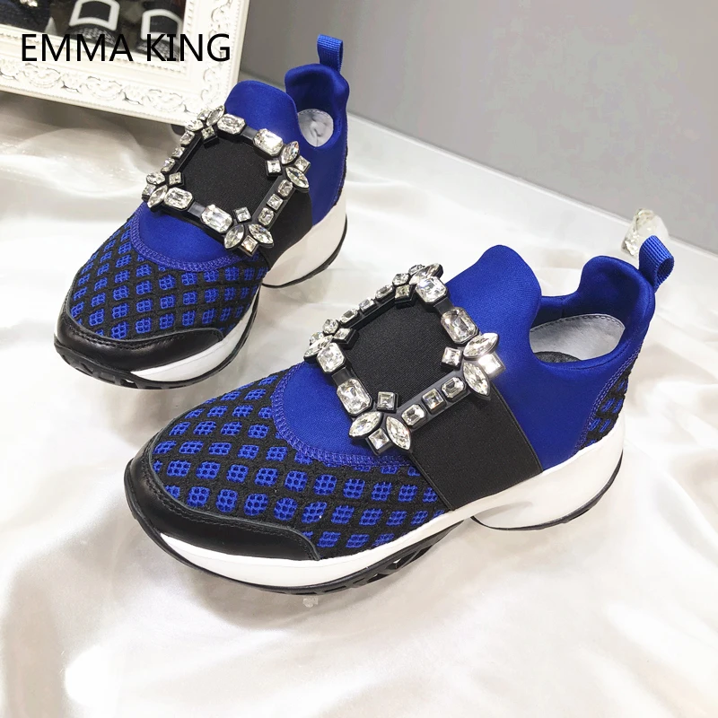 Blue Rhinestone Square Buckle Casual Shoes 2019 Spring New Thick Platform Sneakers Women Mesh Breathable Flat Shoes For Ladies