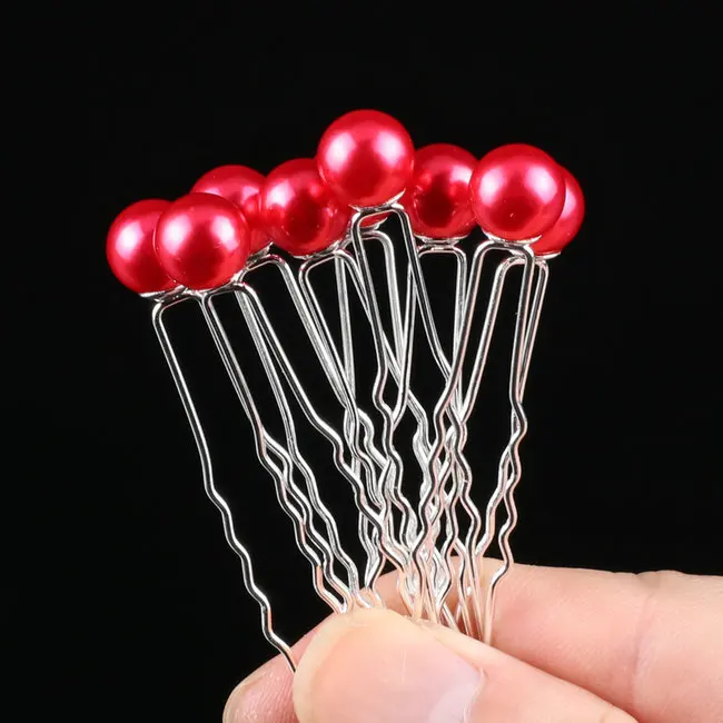 pearl red 10 шт./лот, роскошные свадебные заколки невидимки для волос с цветами, модные заколки для волос с искусственным жемчугом и кристаллами, стильные аксессуары для волос - Окраска металла: pearl red