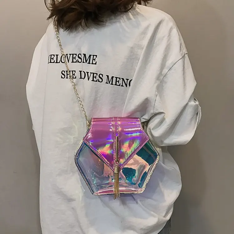 

Brand Leather Female Shoulder Bag Geometry Laser Female Phone Bags 2019 High Quality PVC Designer Handbag New Luxury Chian Bag