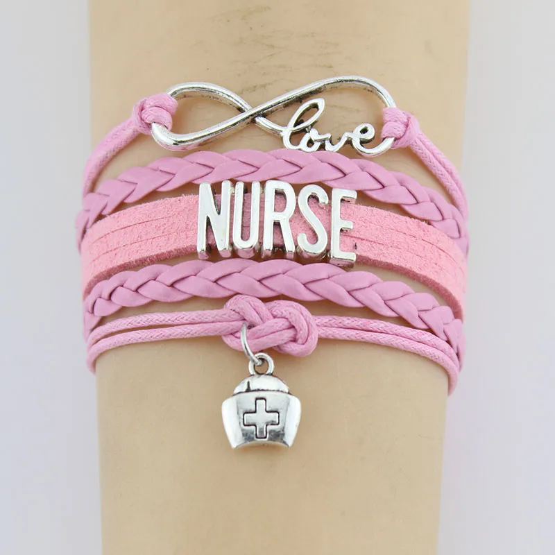 10Pieces/Lot Infinity Love Nurse Bracelet Charm Handmade Leather Braid