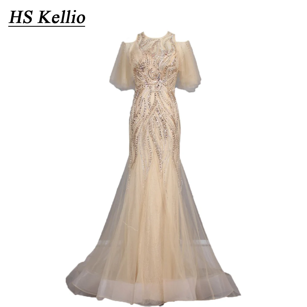 

HS Kellio Champagne Evening Dress Short Sleeve Mermaid Beaded Occasion Gown