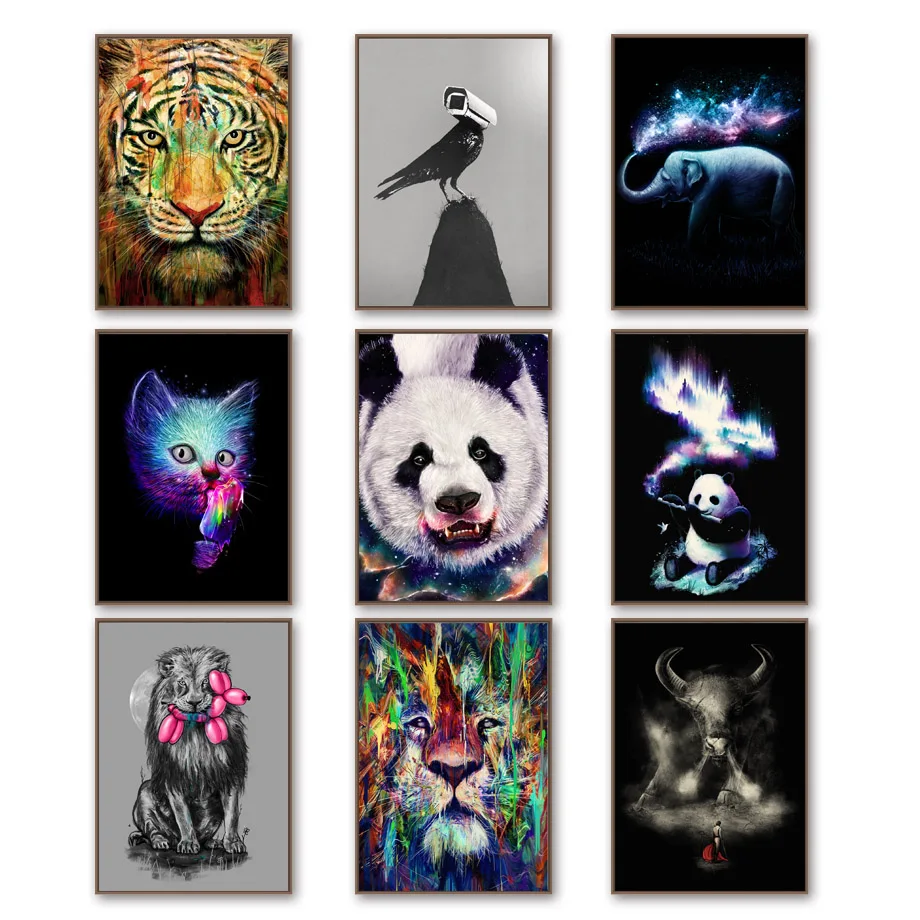 

Panda Tiger Lion Ox Elephant Bird Cat Wall Art Canvas Painting Nordic Poster And Print Animal Wall Picture For Living Room Decor