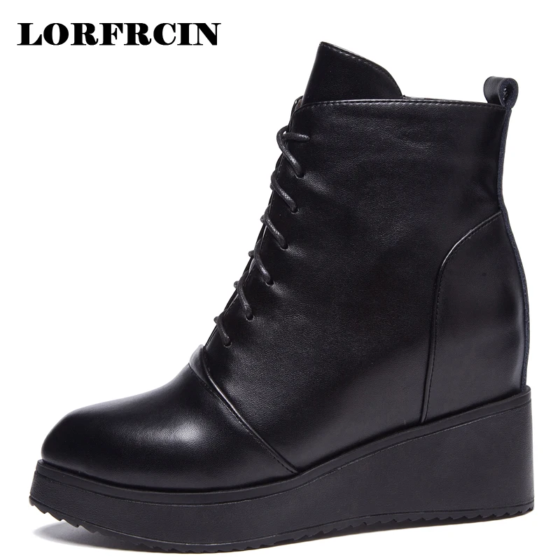 

LORFRCIN Boots Women Genuine Leather Pointed Toe Ankle Boots 8.5 cm High Heels Boots Platform Elevator Shoes Woman