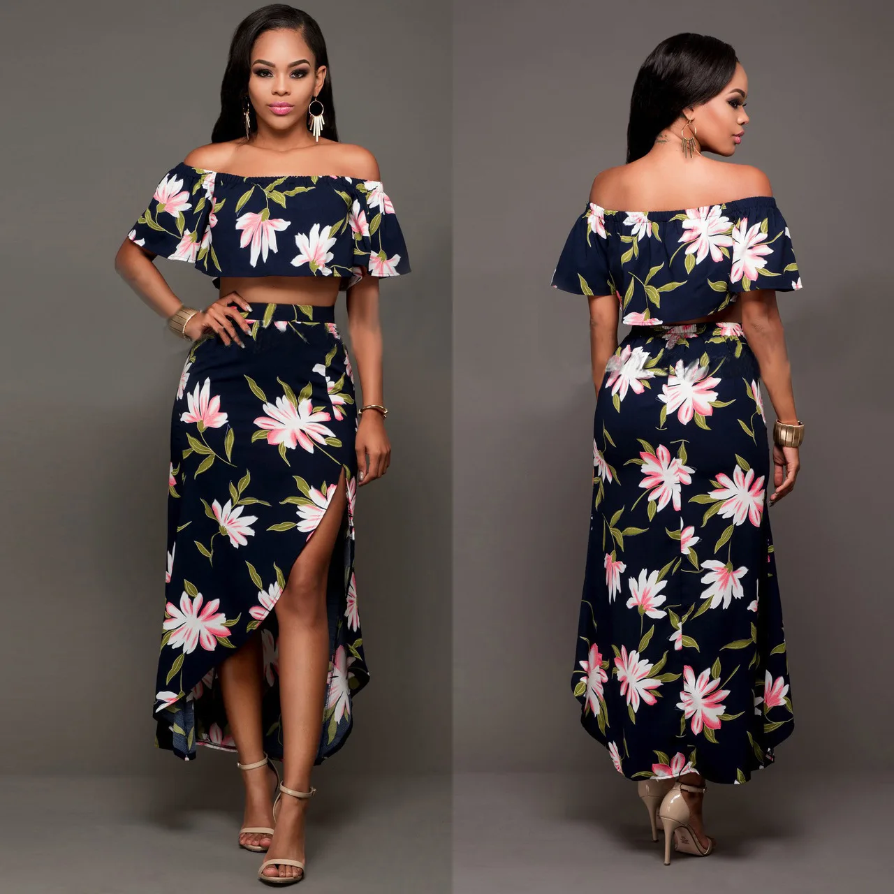 Clarisse 3556 Off Shoulder Floral Two Piece Dress in Black Womens Clothing Dresses Casual and summer maxi dresses 