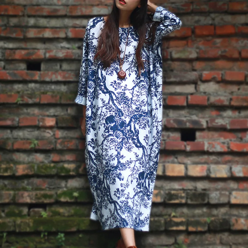 

Blue white porcelain Cotton Linen Robe Femme Kaftan Women Casual Loose Long Sleeve Baggy Long Dress Printed Dress Plus size 5XL