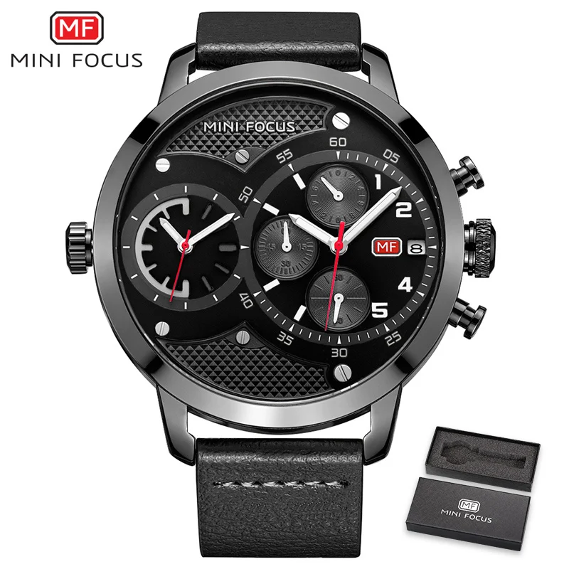 

Dual time zone Chronograph Men Watch Leather band Business Watches Waterproof Scratch-resistant Male Wristwatch Clock erkek saat