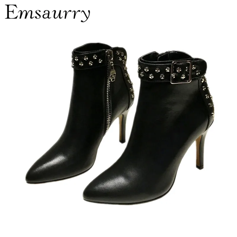 

Stiletto Heel Ankle Boots Sexy Pointed Toe Genuine Leather Suede Studded Buckle Rivet Autumn Winter Short Booties