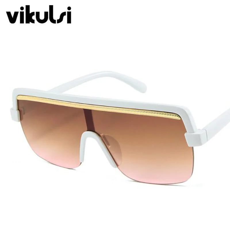 Unisex Retro Oversized Flat Top Sunglasses Women Brand Designer Square Mask Sun Glasses For Female Male Half Frame Shades UV400 - Цвет линз: E163 white teapink