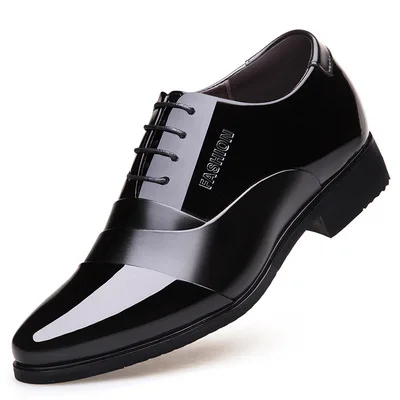 Height increasing 6CM Pointed Toe Formal Men Dress Shoes Patent Leather Wedding Shoes for Men Elegant Black Leather Shoe - Цвет: Черный