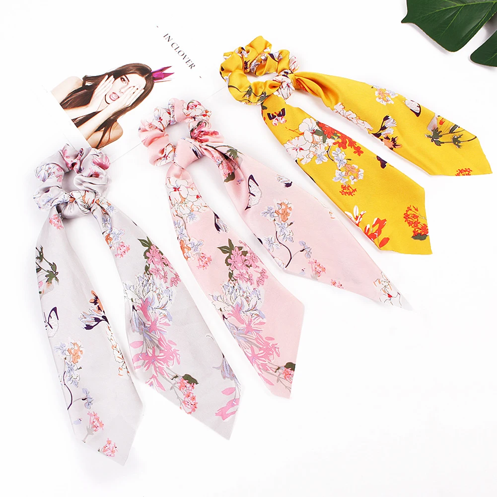 summer Ponytail Scarf Elastic Hair Rope for Women Hair Bow Ties Scrunchies Hair Bands Flower Print solid Ribbon Hairbands