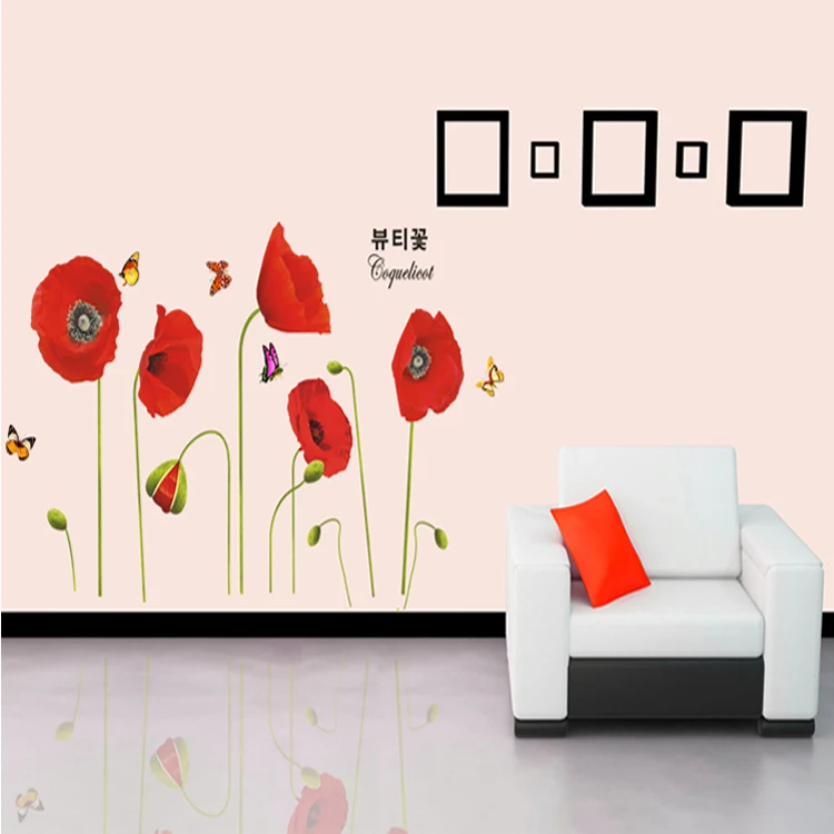 Brand New Red Poppy Flowers Home Decor New Stickers Set Mural Wall Art