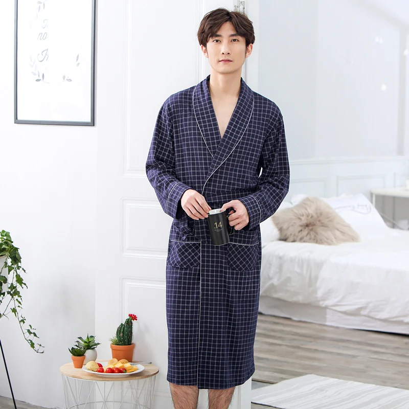 2019 New Spring Autumn Bathrobe Men Plaid Cotton Sleep Robe Long Sleeve Male Comfortable Casual Home Clothing Sleepwear Nighties