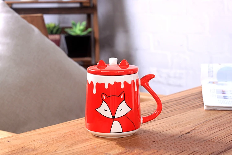 Керамическая кружка с рисунком лисы из мультфильма, с крышкой, чайная ложка, чайная чашка, кофе, молоко, чайная кружка, тассе, кафе, домашняя посуда для напитков