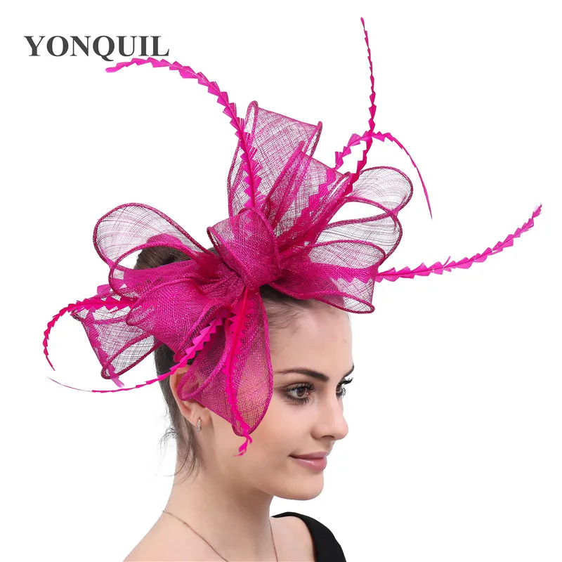 

Magenta navy bowknot hairbands sinamay fascinators hats feather hair accessories lavender wedding headwear Free shipping SYF618