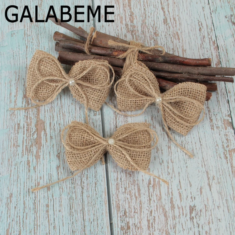 Galabeme 50PCS DIY PearlJute Burlap Hessian Bowknot Bows Hat Accessories Craft Rustic Wedding decoration supplier Decor | Дом и сад