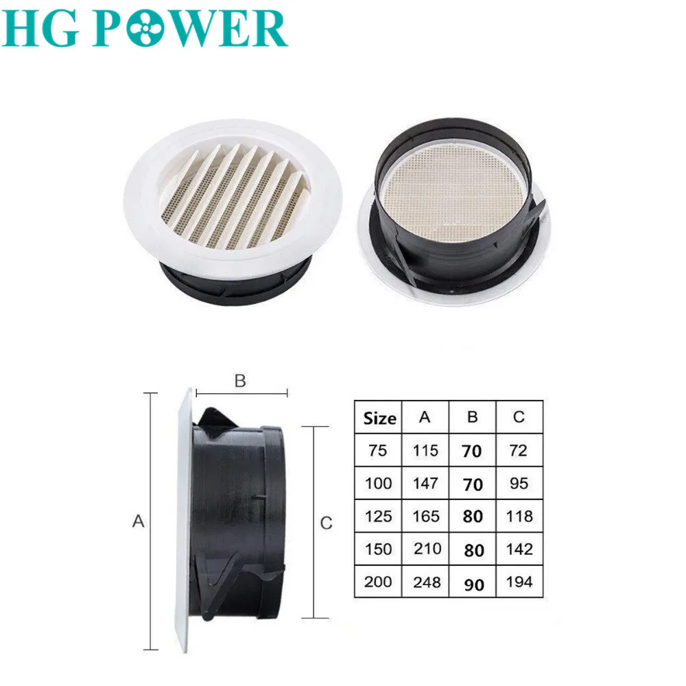 Low Noise Kitchen House Ventilation Grille Plastic Round Wall Vents Cover Built-in Fly Screen Mesh for Toilet Bathroom Office