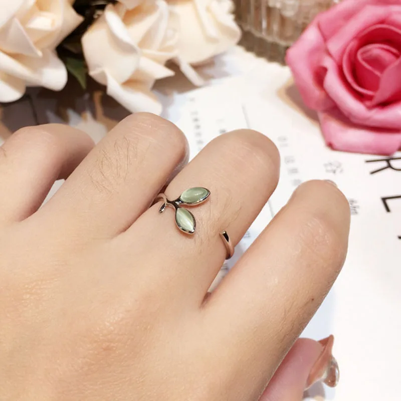 

Red Trees 925 Sterling Silver Green Leaf Rings For Women With Natural Stone Adjustable Size Cat's Eye Stone Jewelry