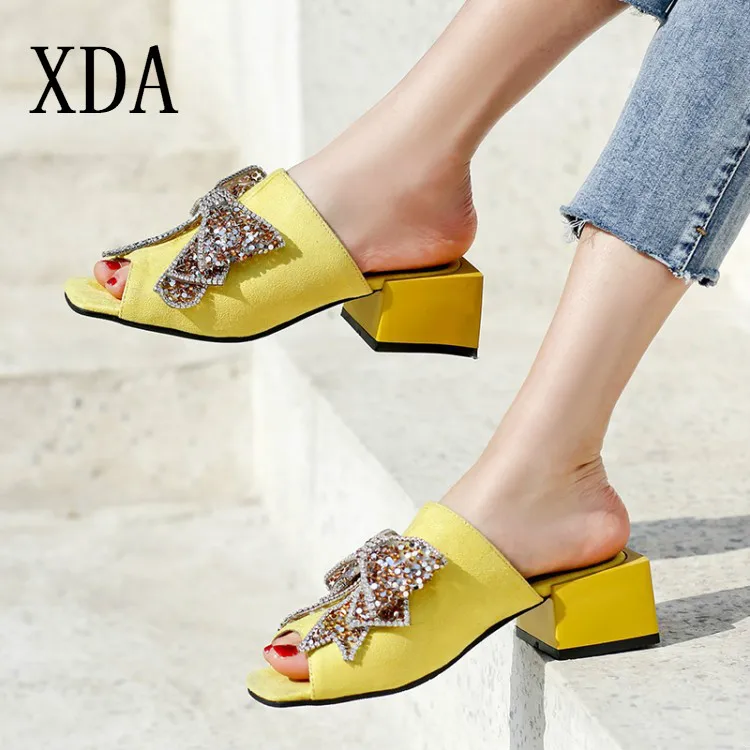 

XDA 2019 Summer Peep Toe Women Slippers Shoes mid Heel Butterfly-knot crystal Roman sandals Suede Flip Flops Woman Slipper L91